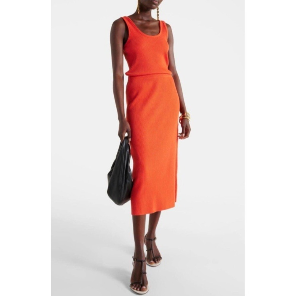 Vince Ruby Dusk Orange Ribbed Knit Midi Skirt Women's Large